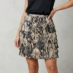 Cleo Petites Tiered Ruffle Skirt Womens 8‎ P Brown Snake Print Mini Lined Animal